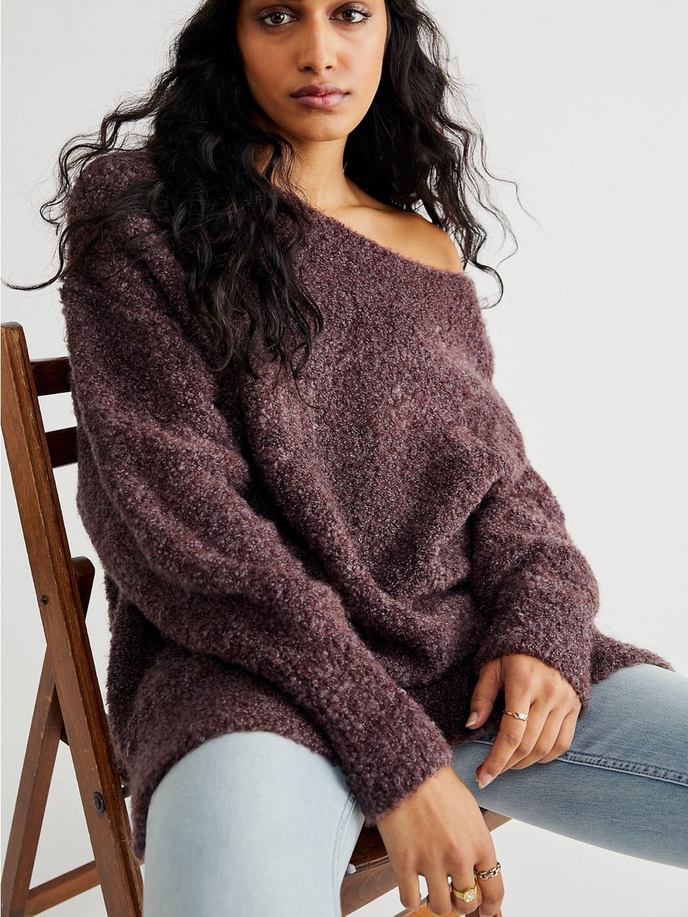 Free People Moria Slouchy Off the Bouclé Off-Shoulder Sweater Large Red